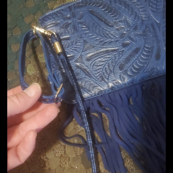 Free People Blue Embossed Fringe Bag. - Picture 9 of 14